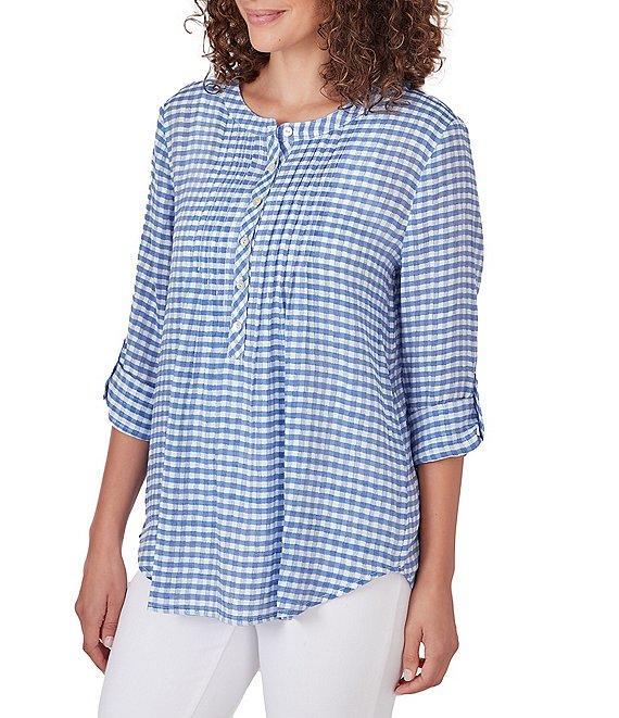 Ruby Rd. Silky Gauze Gingham Print Scoop Neck 3/4 Roll-Tab Sleeve Top Product Image