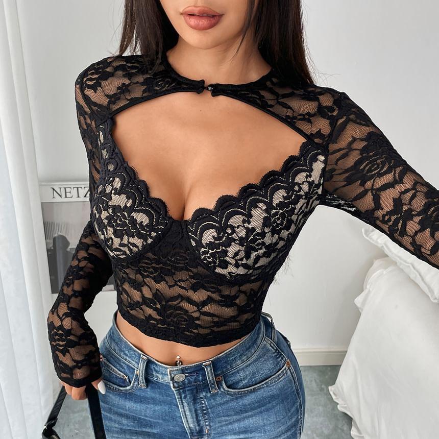 Long-Sleeve Floral Lace Cropped Bustier Top Product Image
