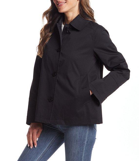 Gallery Ladies Solid Stand Collar Long Sleeves Water Resistant Button Front Short Rain Jacket Product Image