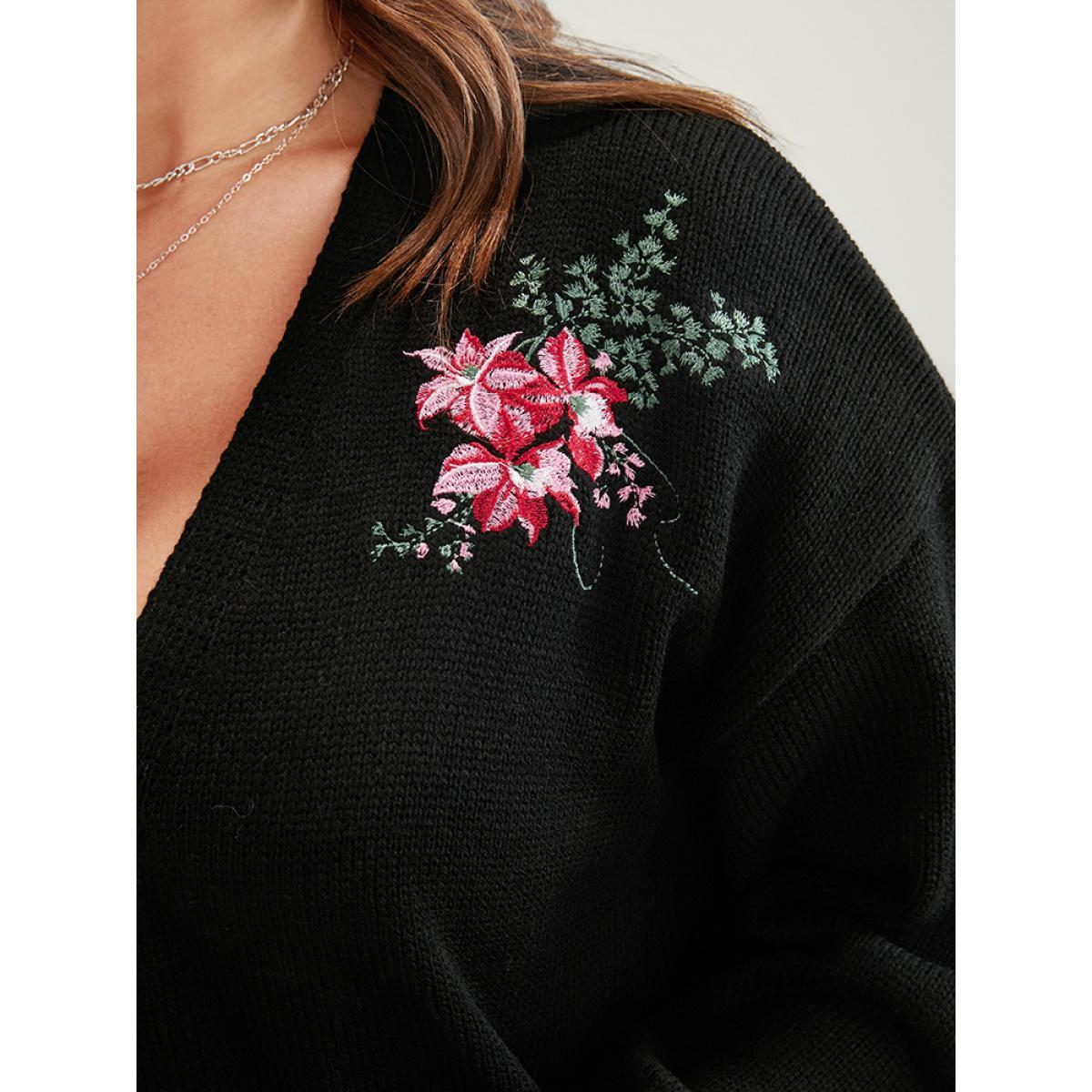 Plus Size Floral Embroidered Pointelle Knit Pocket Button Front Cardigan Black Women Elegant Long Sleeve Dailywear Cardigans BloomChic 14-16/1X Product Image