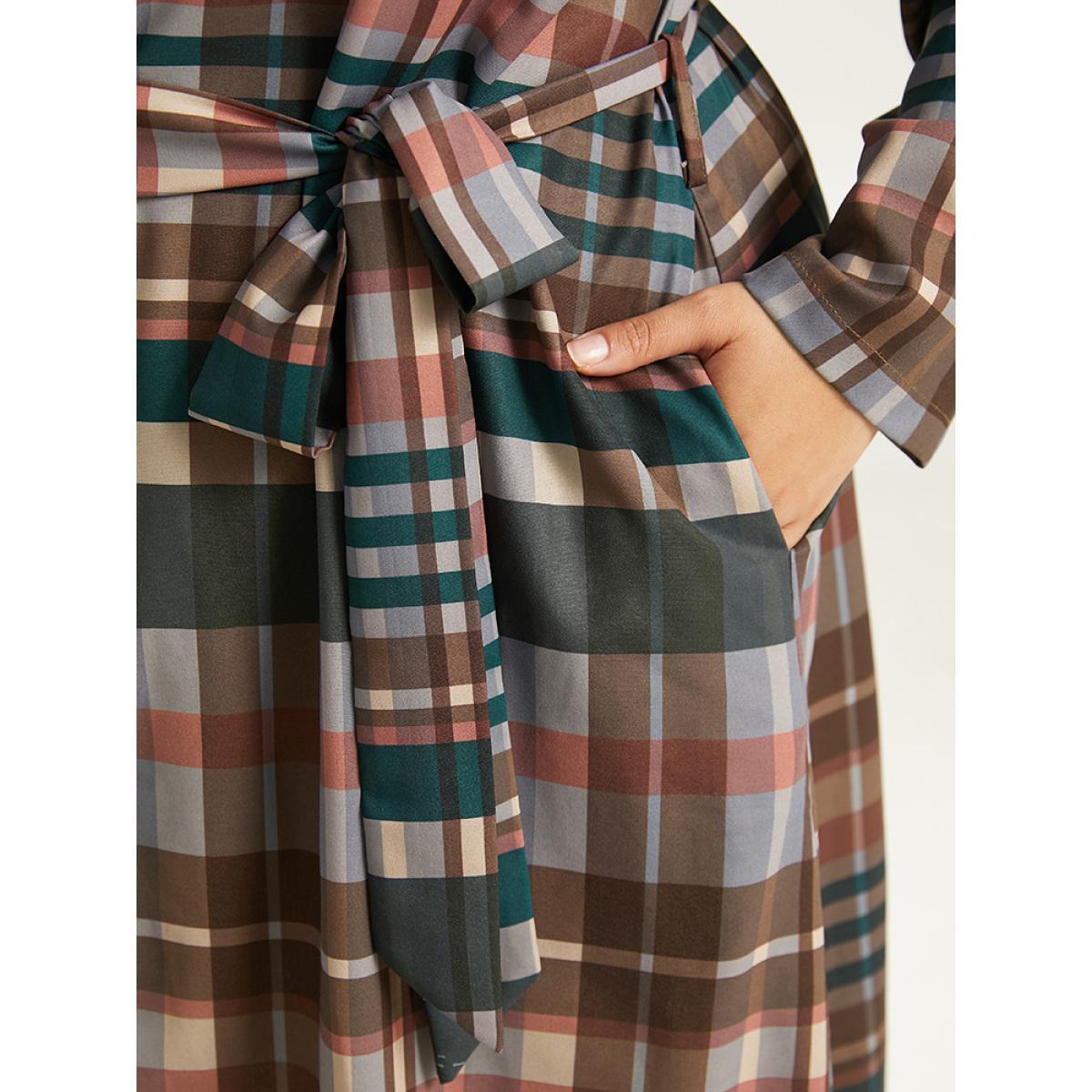 Plus Size Plaid Button Through Patched Pocket Dress Black Women Casual Belted Notched collar Long Sleeve Curvy Midi Dress BloomChic 22-24/3X Product Image