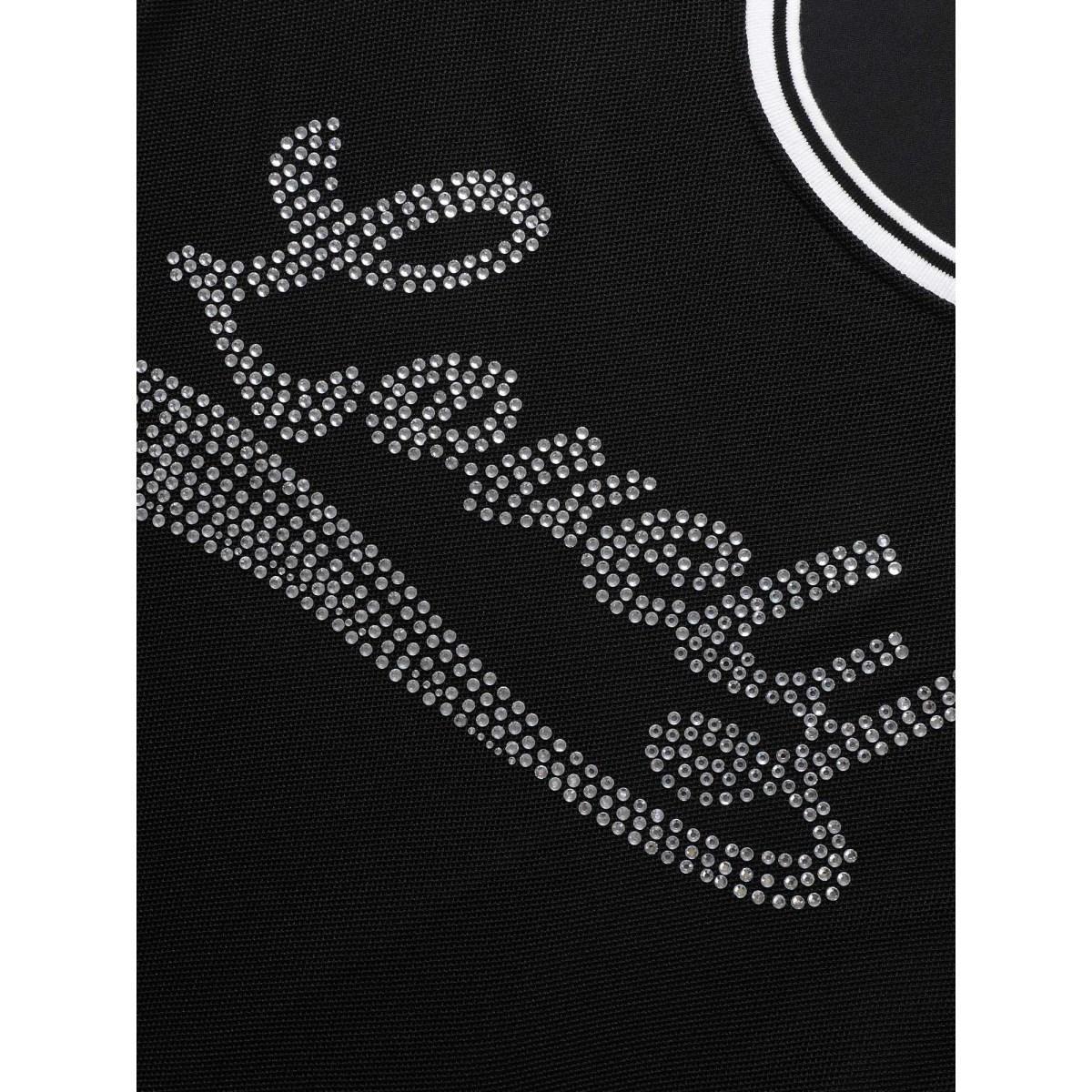 Plus Size Letter Rhinestone Mesh Patchwork Sleeveless Dress Black Women Casual Rhinestone detailing Round Neck Sleeveless Curvy BloomChic 28/5X Product Image