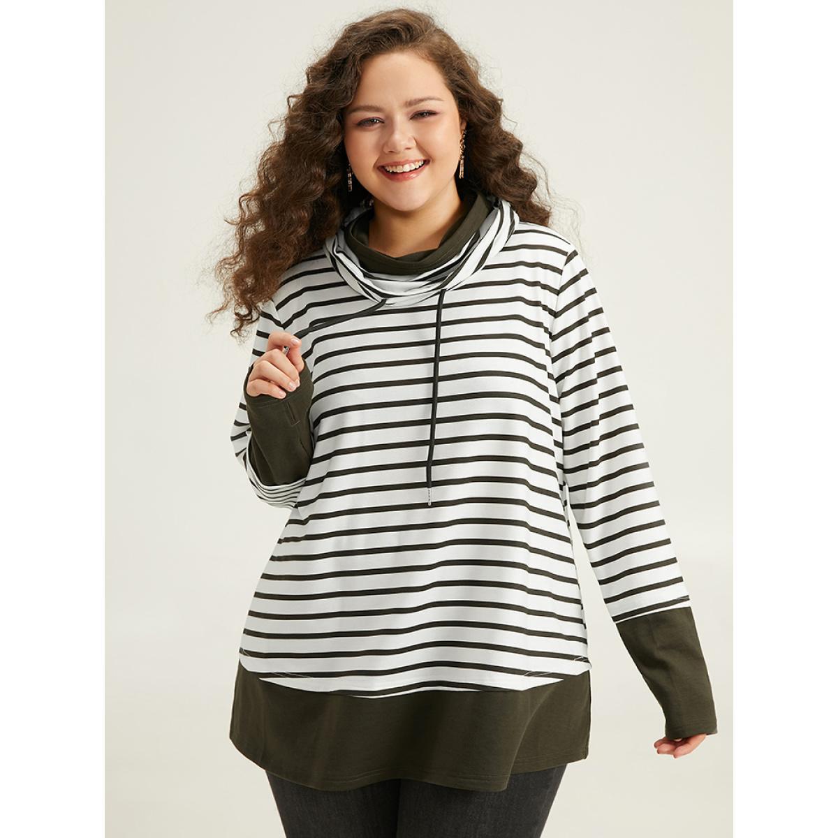 Plus Size Halloween Striped Patchwork Contrast Drawstring Sweatshirt Women Green Casual Contrast Turtleneck Festival-Halloween Sweatshirts BloomChic 14-16/1X Product Image