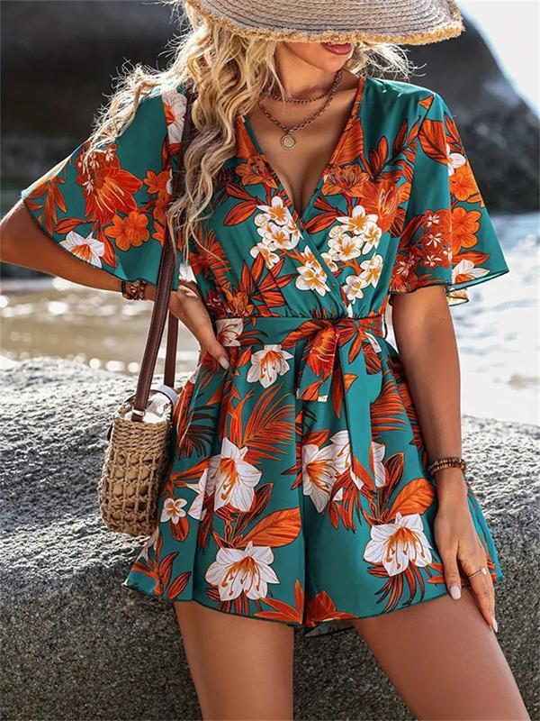 Flared Sleeves Half Sleeves Flower Print Tied Waist V-Neck Rompers Product Image