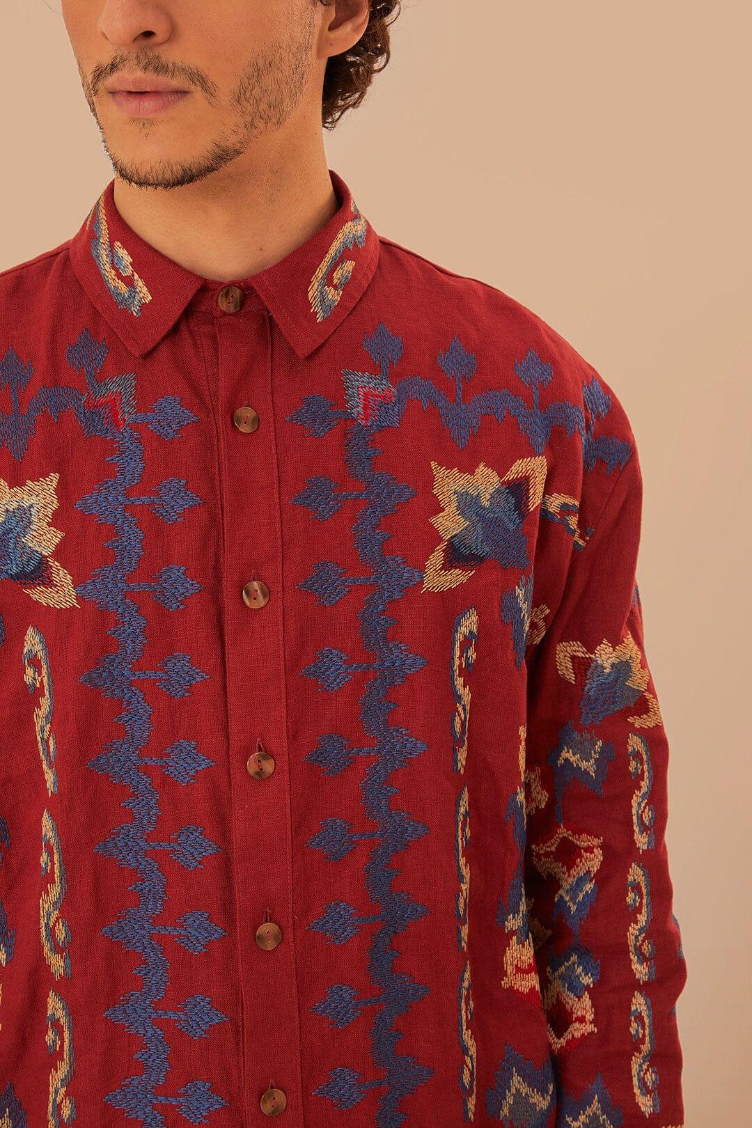 Red Floral Embroidery Jacquard Shirt, BURGUNDY / L Product Image
