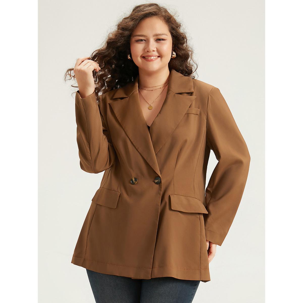 Plus Size Suit Collar Button Up Pocket Blazer DarkBrown Women Dailywear Plain Plain Sleeve Long Sleeve Suit Collar 18-20/2X Pocket Casual Blazers BloomChic Product Image