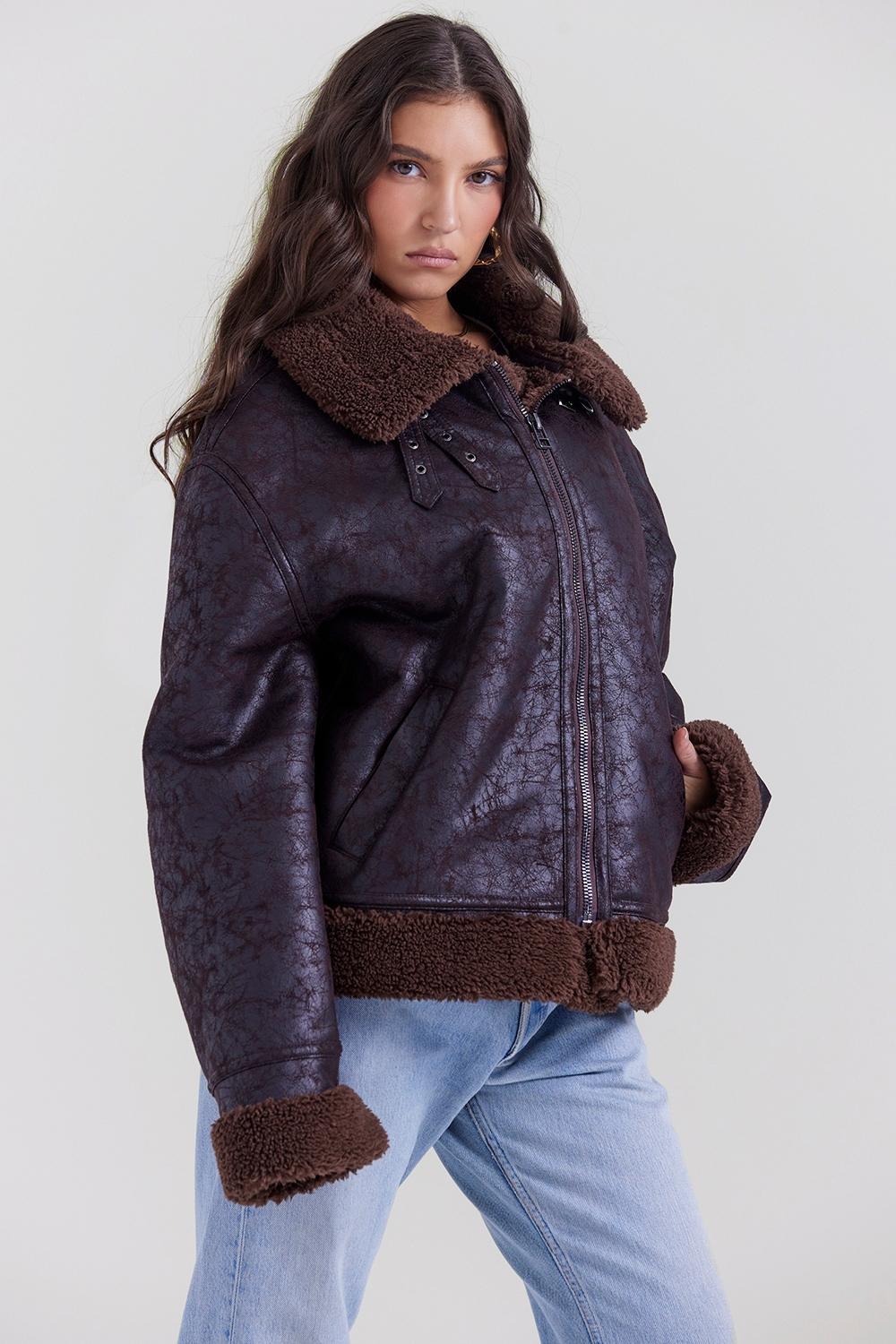 Madden Brown Vegan Shearling Aviator Jacket Product Image