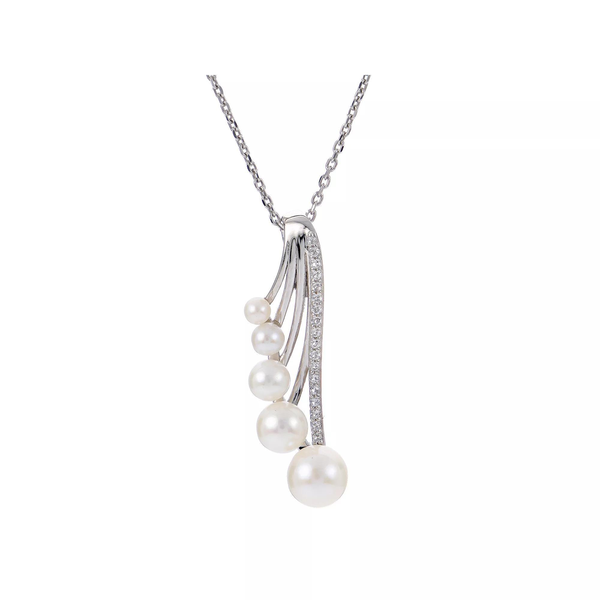 PearLustre by Imperial Sterling Silver Freshwater Cultured Pearl & White Topaz Journey Pendant Necklace, Womens Product Image