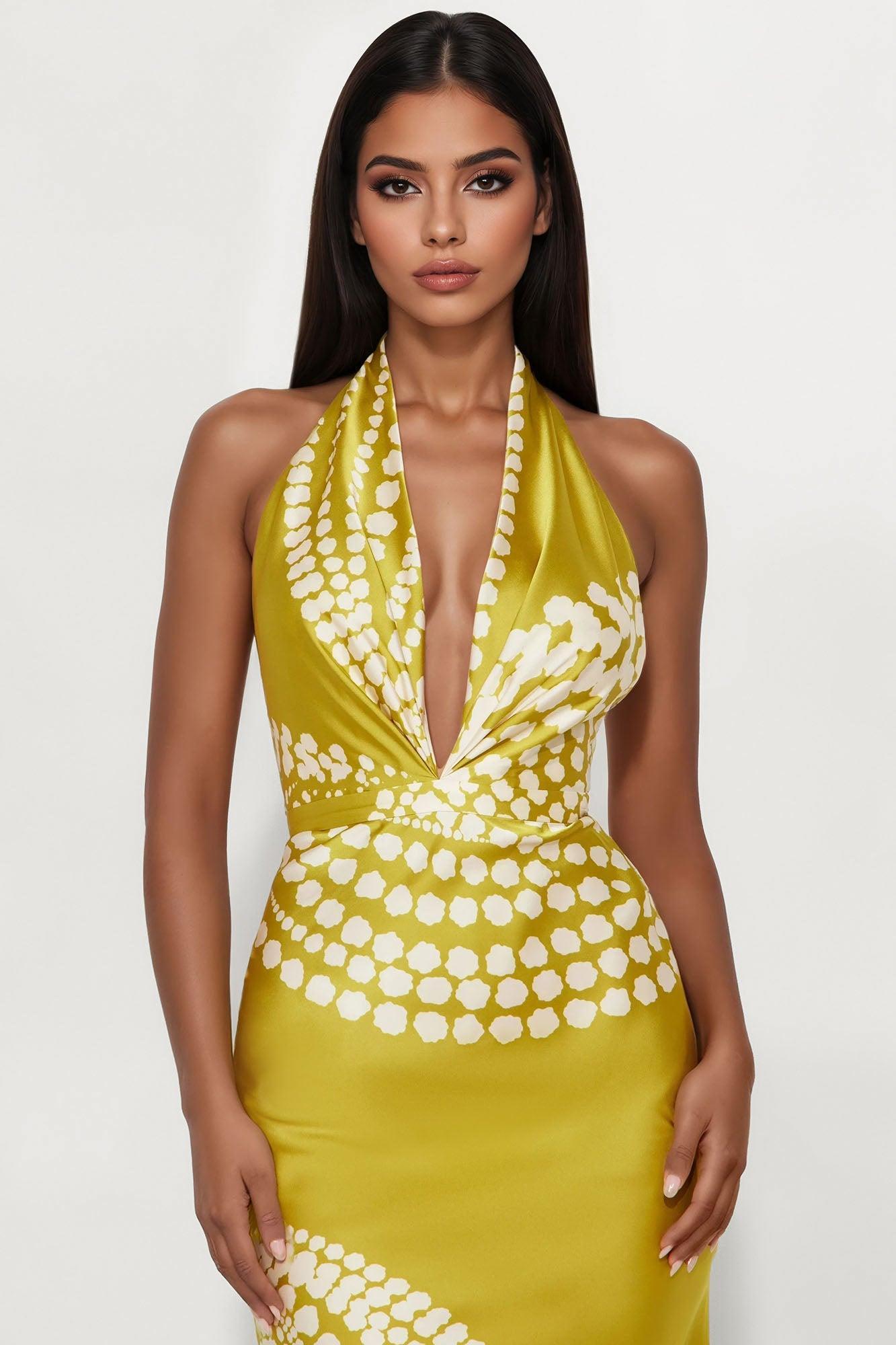Sicily Summer Satin Maxi Dress - Chartreuse Product Image
