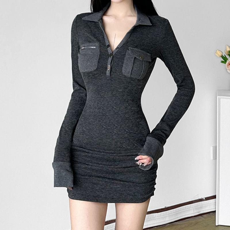 Long Sleeve V-Neck Contrast-Trim Slim-Fit Mini Bodycon Polo Dress Product Image
