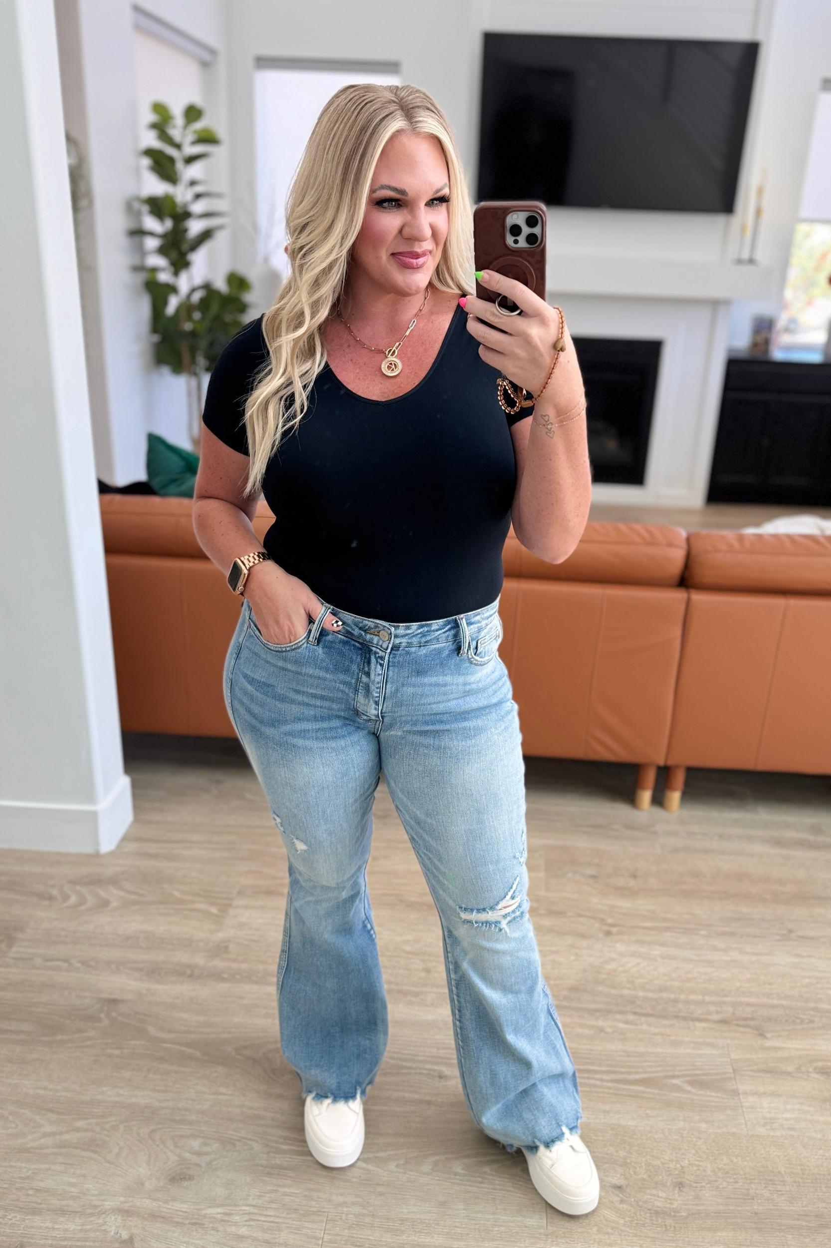 Caroline Mid Rise Control Top Distressed Flare Jeans (Online Exclusive) Female Product Image