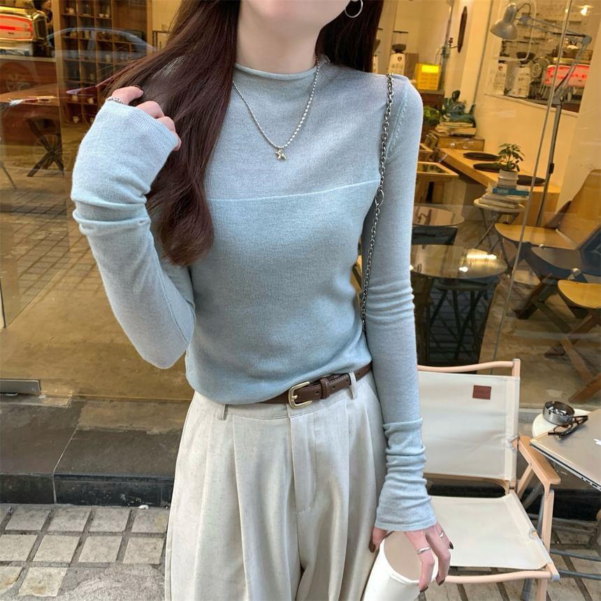 Long Sleeve Mock Neck Plain Knit Top Product Image