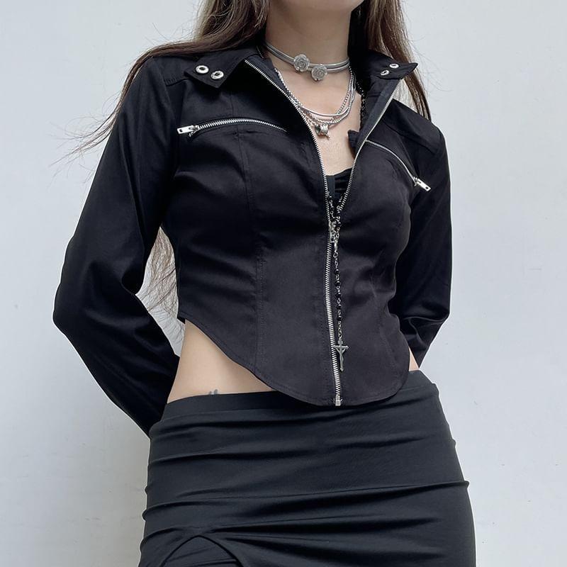 Stand Collar Plain Faux Leather Crop Zip  Jacket Product Image