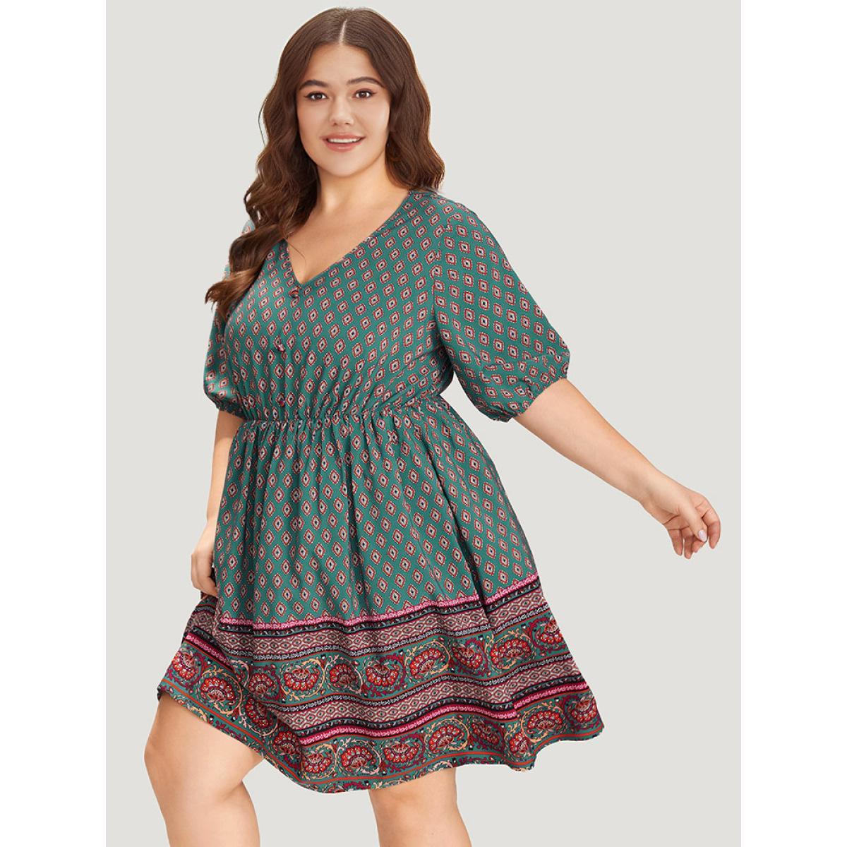 Plus Size Boho Print V Neck Pocket Lantern Sleeve Dress Teal Women Vacation Patchwork V-neck Half Sleeve Curvy Knee Dress BloomChic 14-16/1X Product Image