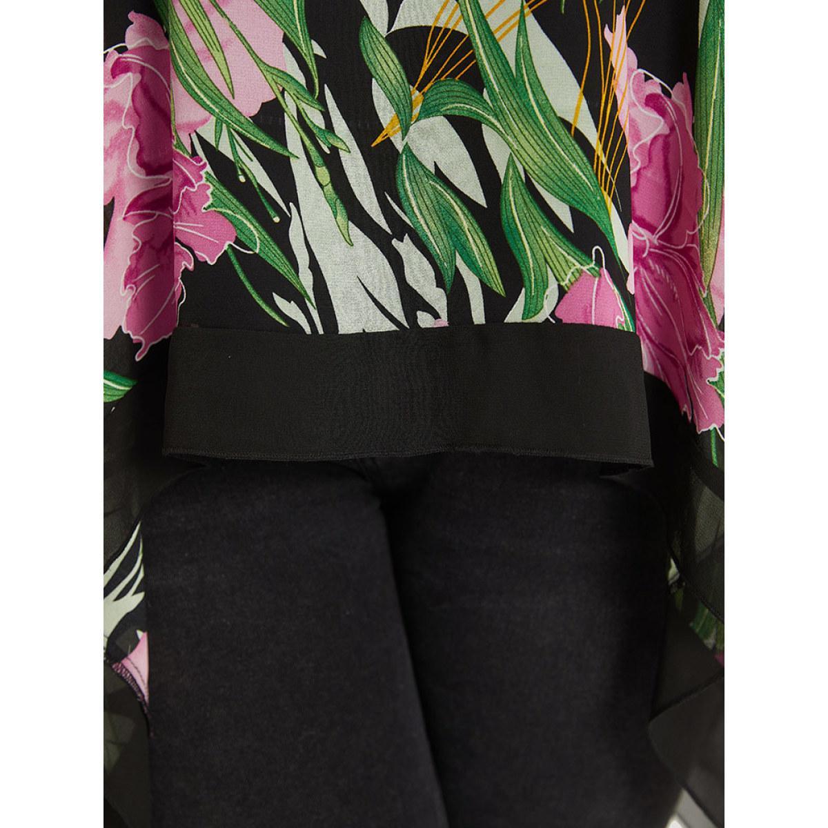 Plus Size Multicolor Floral Ties Batwing Sleeve Hanky Hem Layered Blouse Women Glamour Elbow-length sleeve Tie Neck Going out Blouses BloomChic 26/4X Product Image