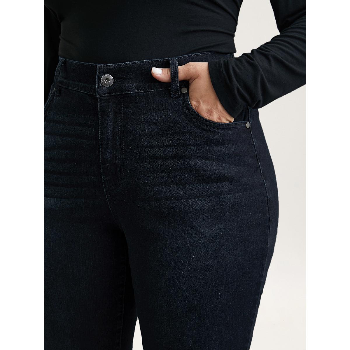 Plus Size Whiskered Mid-Rise Skinny-Fit Jeans Women Denimcharcoal Elegant Button Medium stretch Slanted pocket Jeans BloomChic 22/3X Product Image
