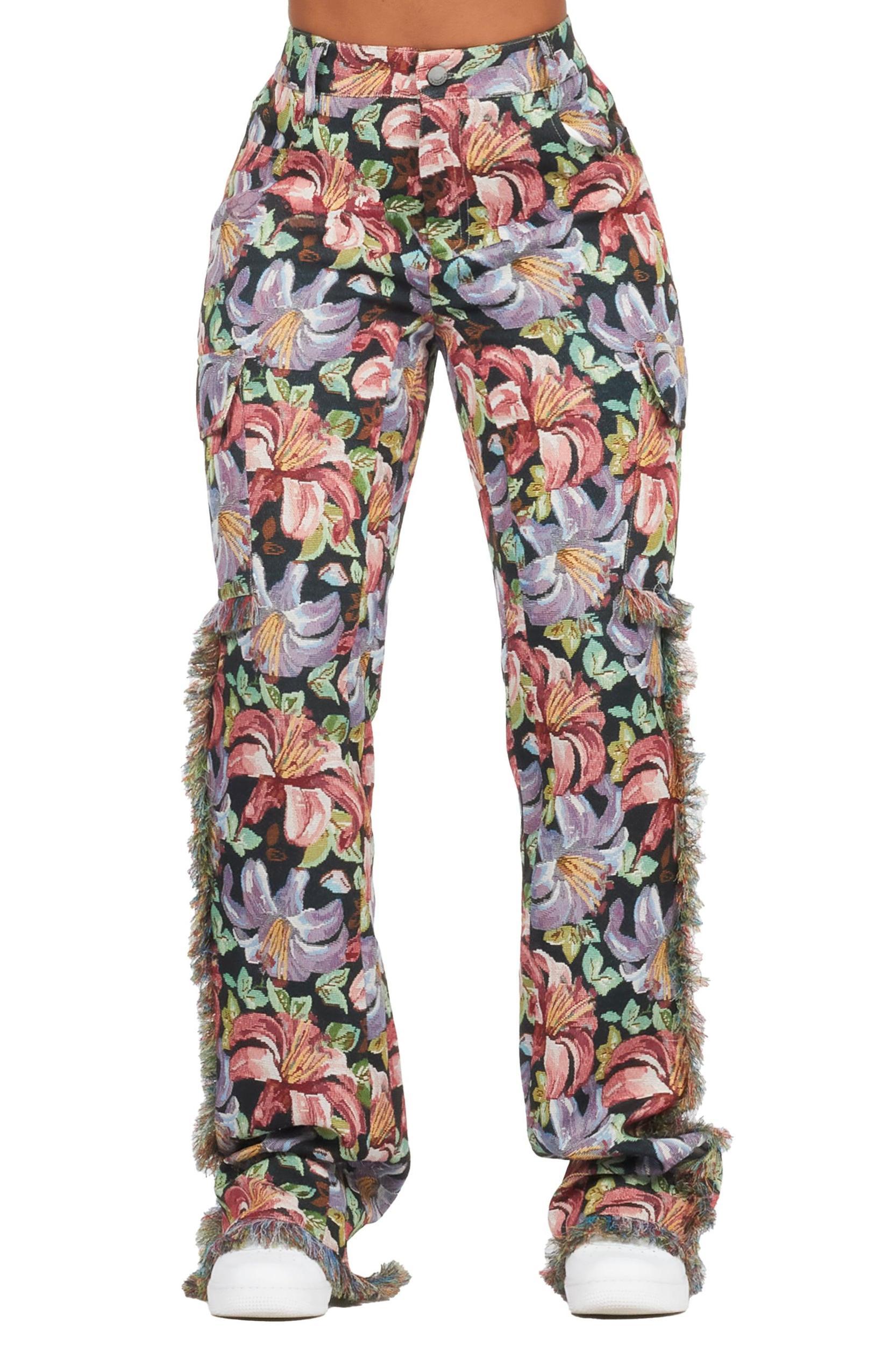 Tykima Black Floral Cargo Tapestry Stacked Pant Female Product Image