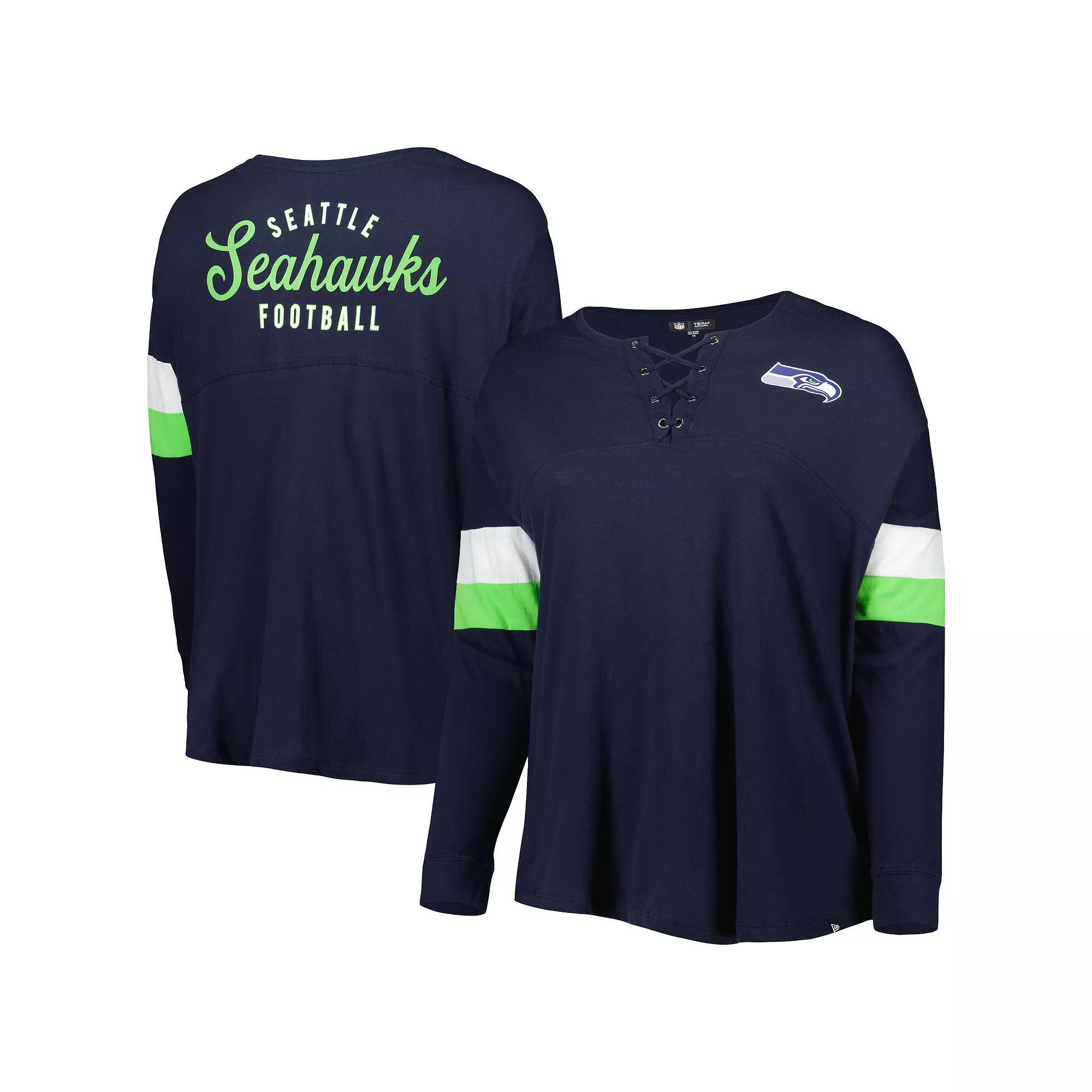 Women's New Era Navy Seattle Seahawks Plus Size Athletic Varsity Lace-Up V-Neck Long Sleeve T-Shirt, Size: 4XL, Blue Product Image