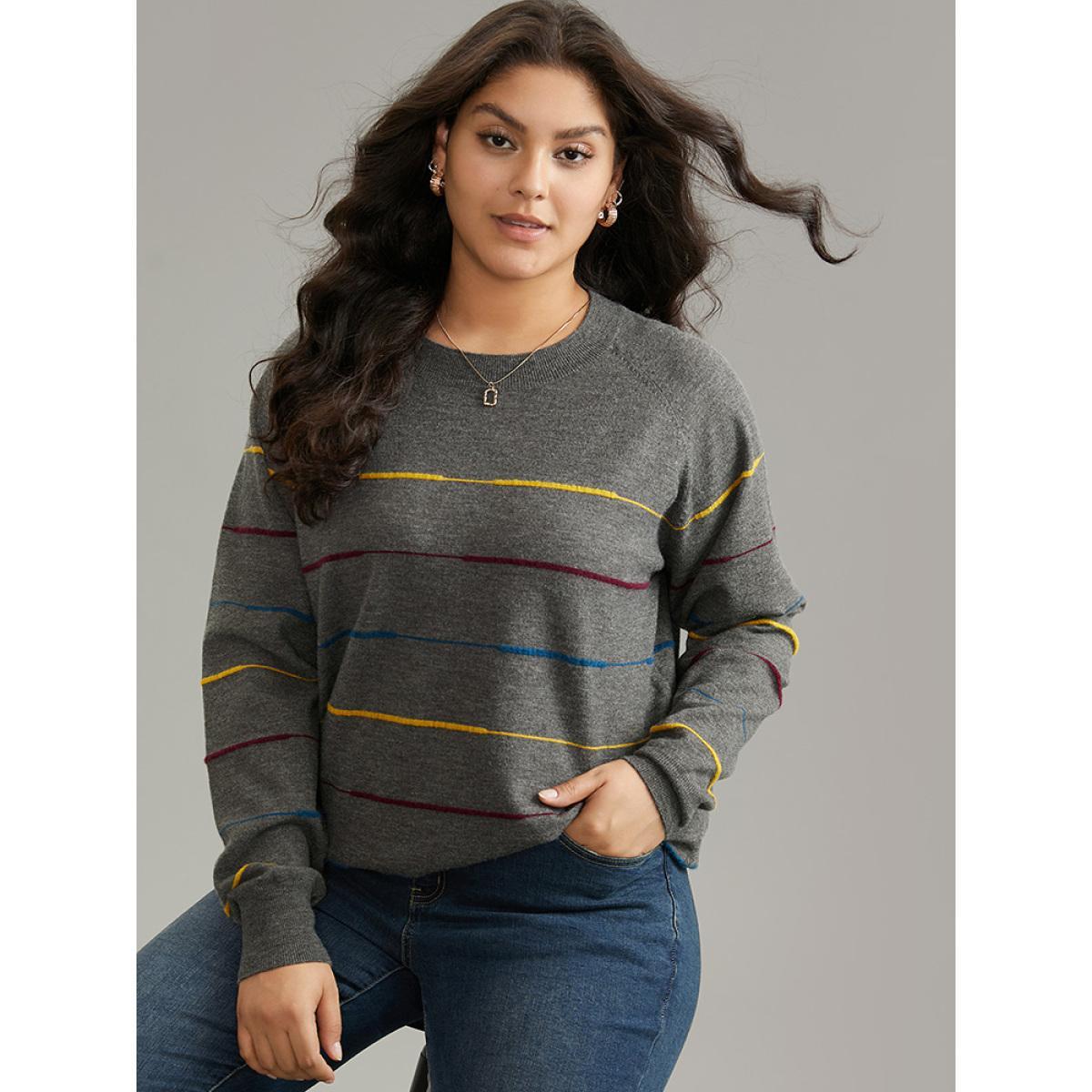 Plus Size Anti-Pilling Contrast Pinstripe Raglan Sleeve Pullover DimGray Women Casual Loose Long Sleeve Round Neck Dailywear Pullovers BloomChic 18-20/2X Product Image