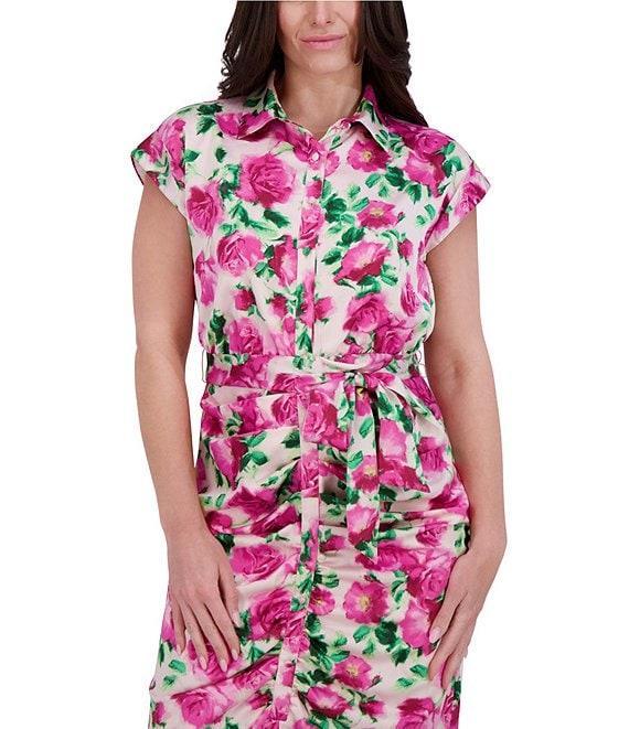 Kensie Charmuese Floral Print Point Collar Neck Short Sleeve Button Front Tie Waist Shirt Midi Dress Product Image