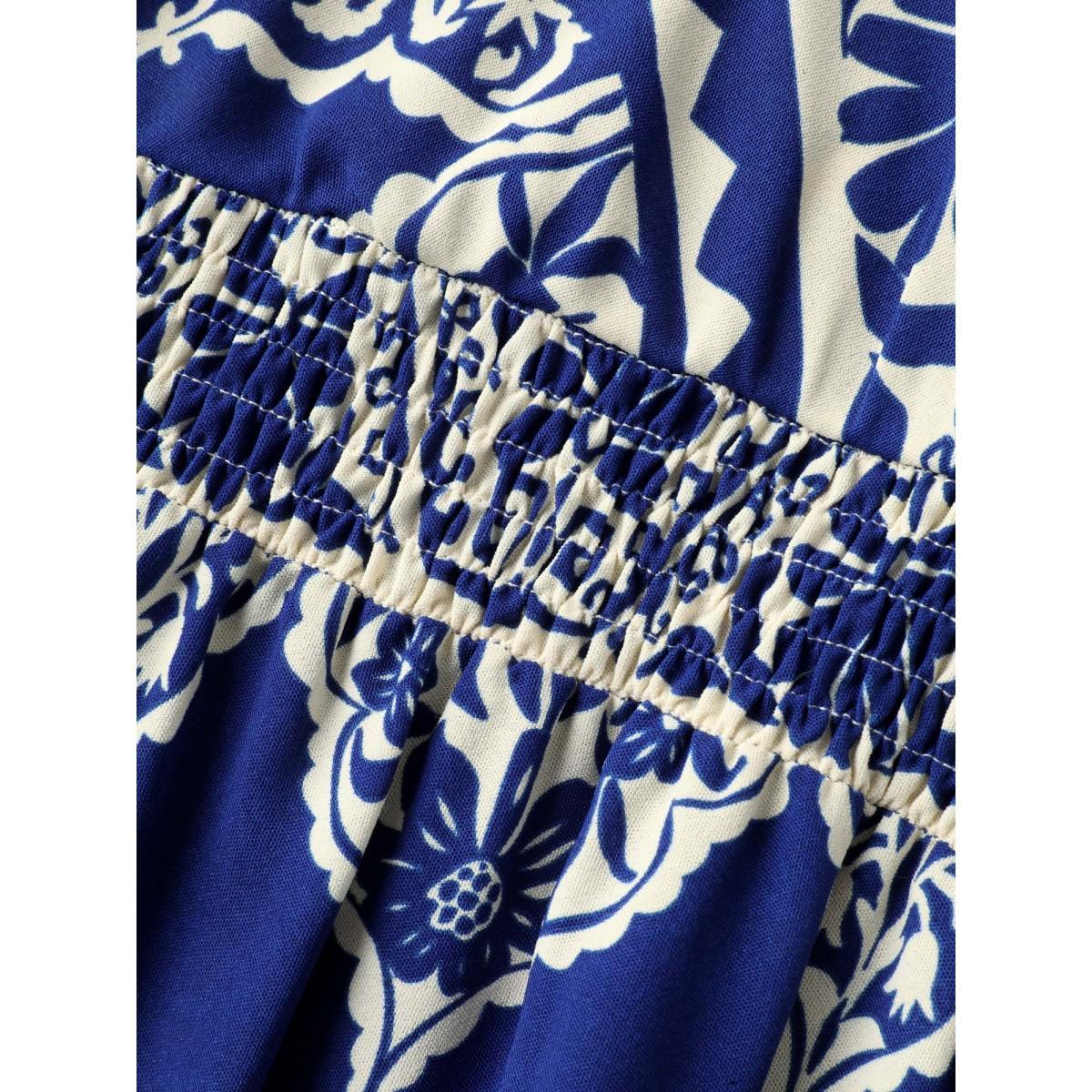 Plus Size Boho Print Shirred Pockets Midi Dress DarkBlue Women V-neck Sleeveless Curvy BloomChic 30/6X Product Image