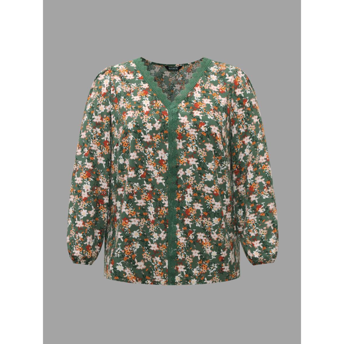 Plus Size Sage Floral Lace Panel Lantern Sleeve Blouse Women Elegant Long Sleeve V-neck Everyday Blouses BloomChic 30/6X Product Image