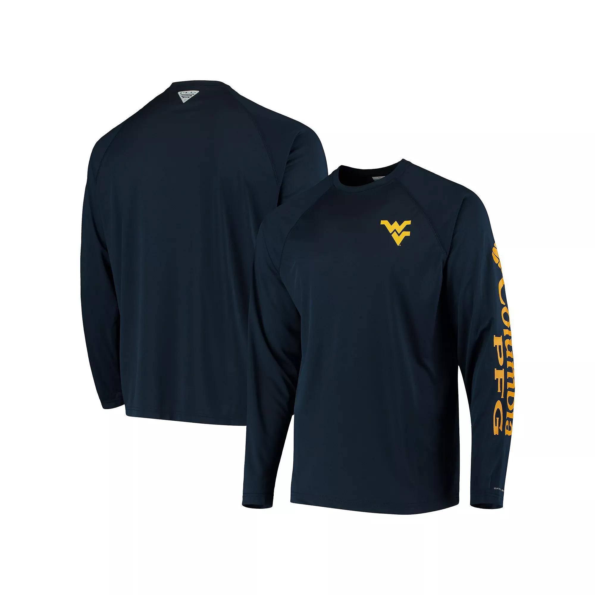 Men's Columbia Navy West Virginia Mountaineers Terminal Tackle Omni-Shade Raglan Long Sleeve T-Shirt, Size: XL, Blue Product Image
