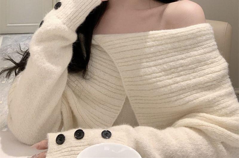 Off-Shoulder Plain Buttoned Cuff Sweater Product Image