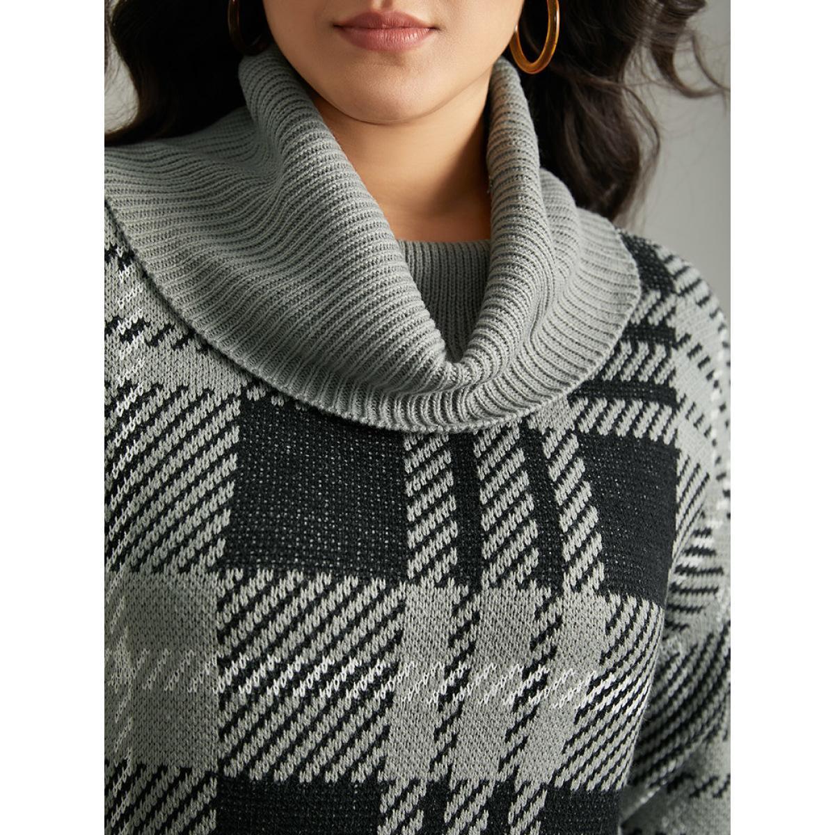 Plus Size Plaid Turtle Neck Drop Shoulder Pullover Multicolor Women Casual Loose Long Sleeve Turtleneck Dailywear Pullovers BloomChic 18-20/2X Product Image