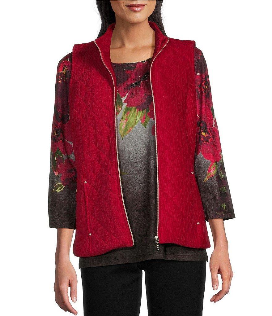 Allison Daley Sleeveless Full Zip Up Embellished Woven Crushed Suede Quilted Vest Product Image