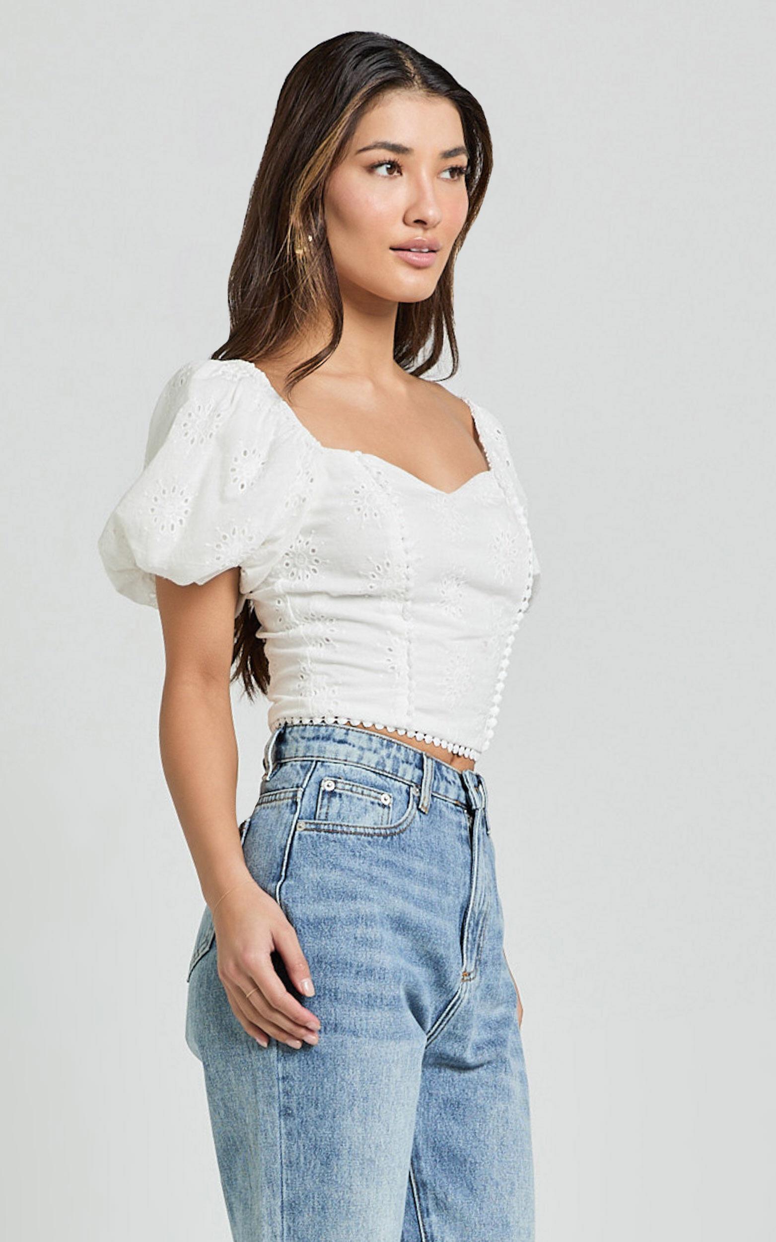 Pixie Top - Sweetheart Puff Sleeve Embroidery Top in White Product Image