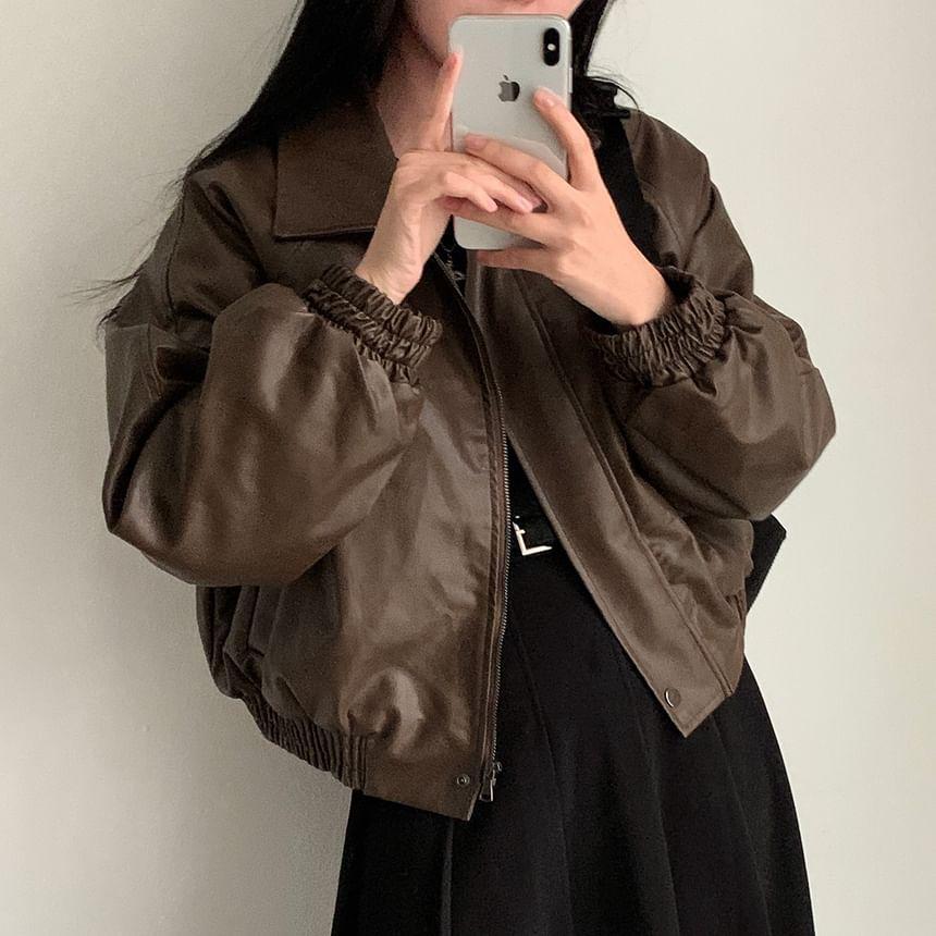 Long Sleeve Lapel Neck Fleece Lined Faux Leather Bomber Jacket Product Image