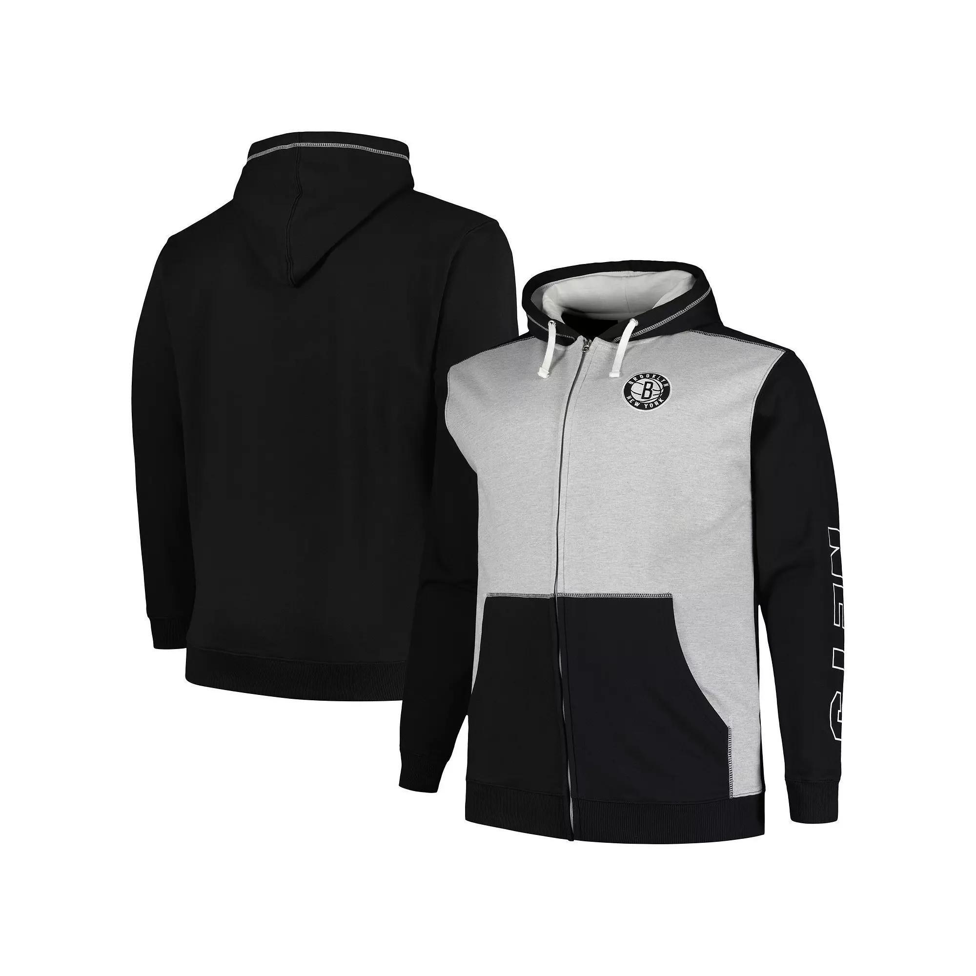 Men's Fanatics Branded Black/Heather Gray Brooklyn Nets Big & Tall Contrast Pieced Stitched Full-Zip Hoodie, Size: 4XB Product Image