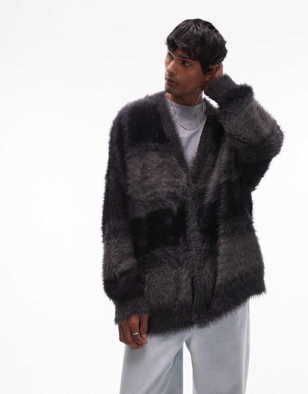 Topman fluffy oversized cardigan in black stripe Product Image