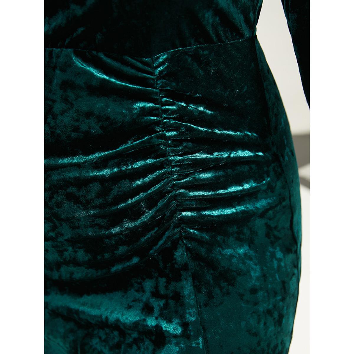 Plus Size Velvet Solid Ruched Long Sleeve Dress DarkGreen Women Glamour Gathered V-neck Long Sleeve Curvy Midi Dress BloomChic 18-20/2X Product Image
