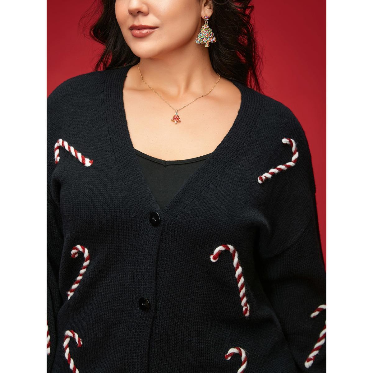 Plus Size Hand Crocheted Candy Cane V-neck Cardigan Black Women Casual Loose Long Sleeve Everyday Cardigans BloomChic 12/L Product Image