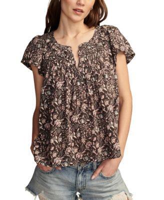 Lucky Brand Womens Cotton Smocked Flutter-Sleeve Top Product Image