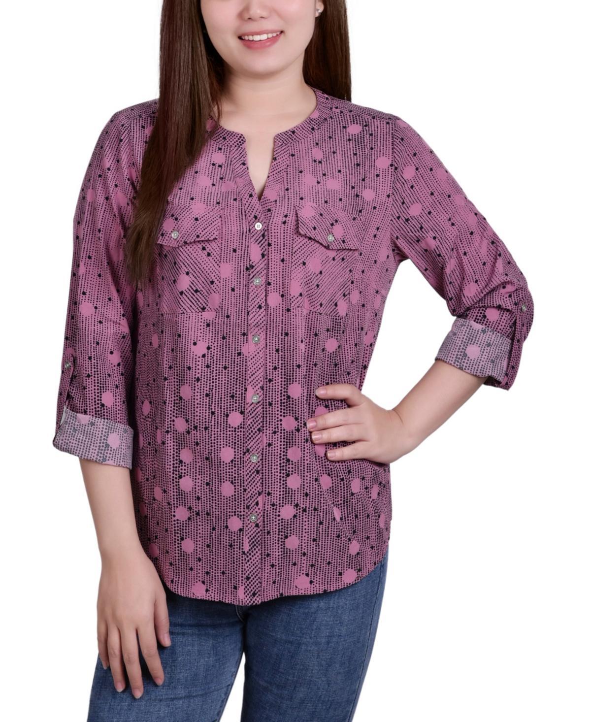 Petite 3/4 Sleeve Roll Tab Y Neck Blouse Product Image