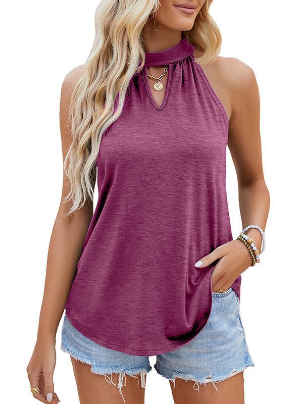 Loose Sleeveless Colorful Hollow Pleated Solid Color Tied Halter-Neck Vest Top Product Image