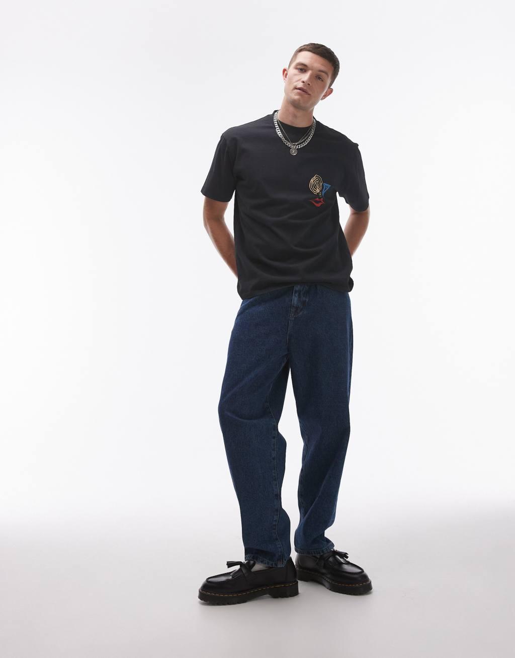 Topman oversized fit T-shirt with abstract face print in washed black Product Image