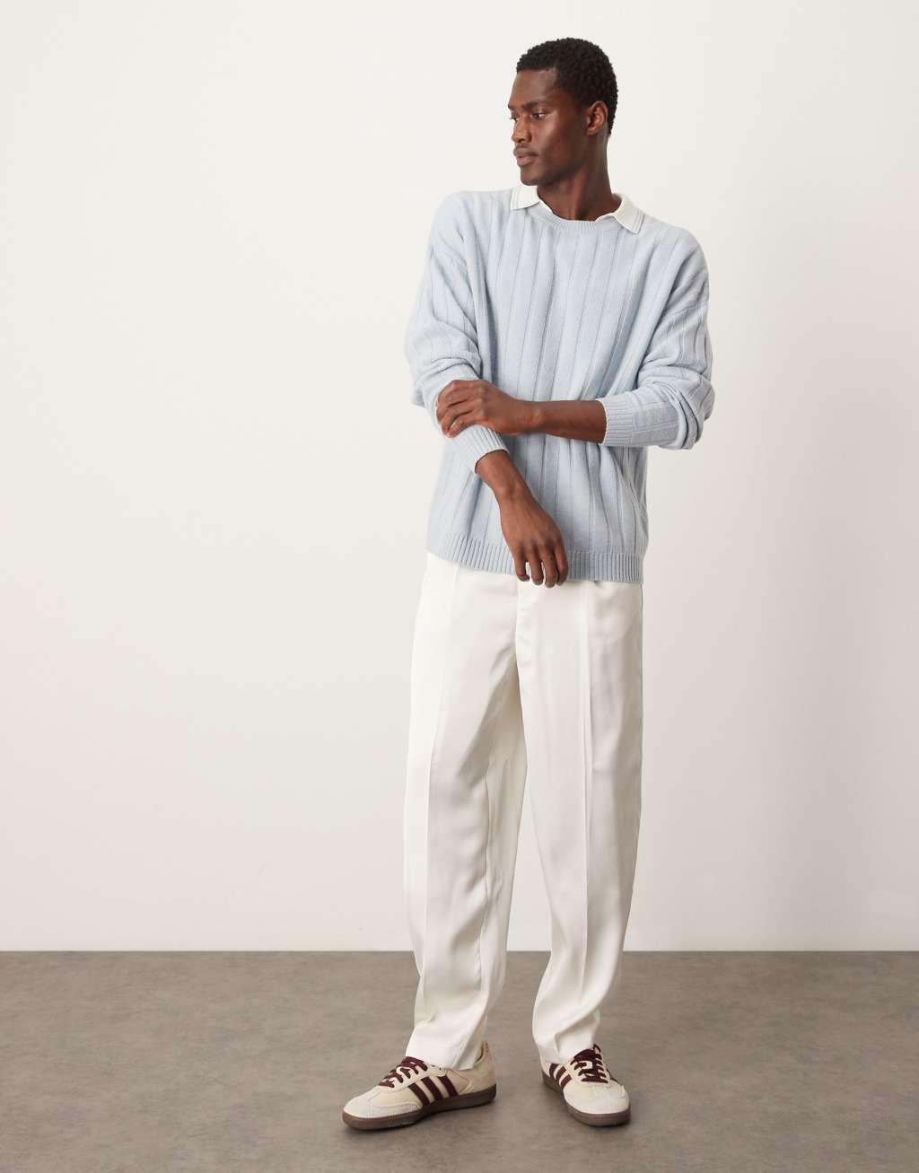 ASOS DESIGN relaxed knitted lambswool wide rib sweater in light blue Product Image
