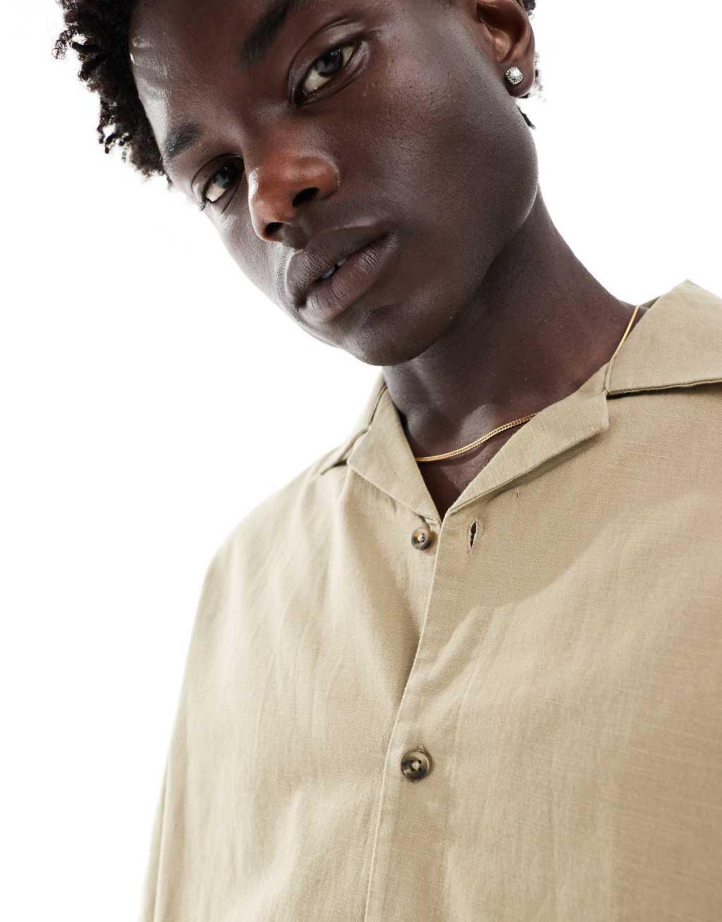 ASOS DESIGN boxy oversized linen blend shirt with camp collar in dark sand Product Image