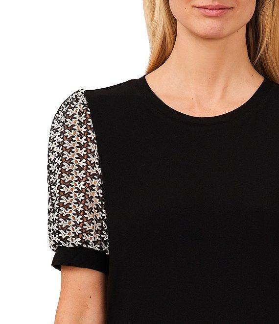 CeCe Mixed Media Crew Neck Short Puff Sleeve Tee Product Image