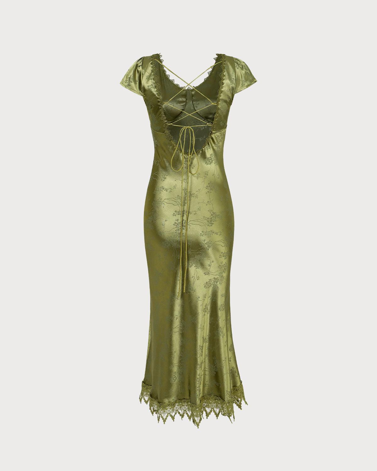 The Green Jacquard Cap Sleeve Satin Midi Dress Product Image