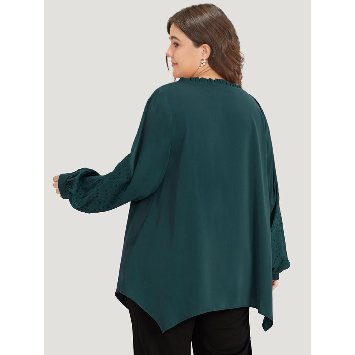 Plus Size DarkGreen Anti-Wrinkle Broderie Anglaise Knot Neck Frill Trim Lantern Sleeve Blouse Women Office Long Sleeve Tie Neck Work Blouses BloomChic 18-20/2X Product Image