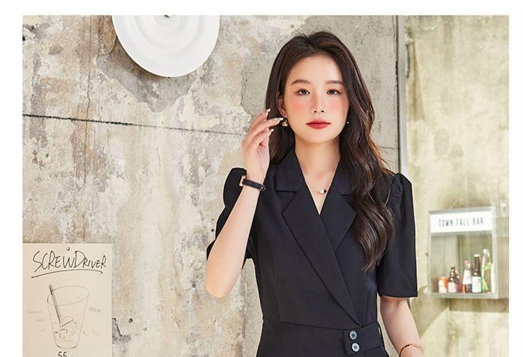 Short-Sleeve Lapel Collar Plain Asymmetrical Button Mini A-Line Dress Product Image