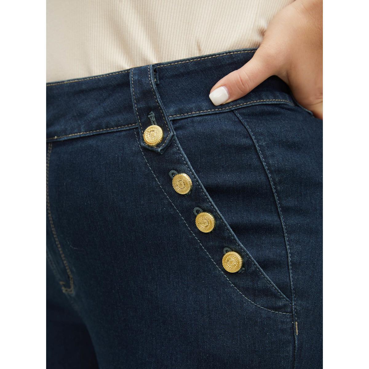 Plus Size Dark Wash Zipper Button Detail Flare Leg Jeans Women DarkBlue Elegant Plain Non High stretch Slanted pocket Jeans BloomChic 18/2X Product Image