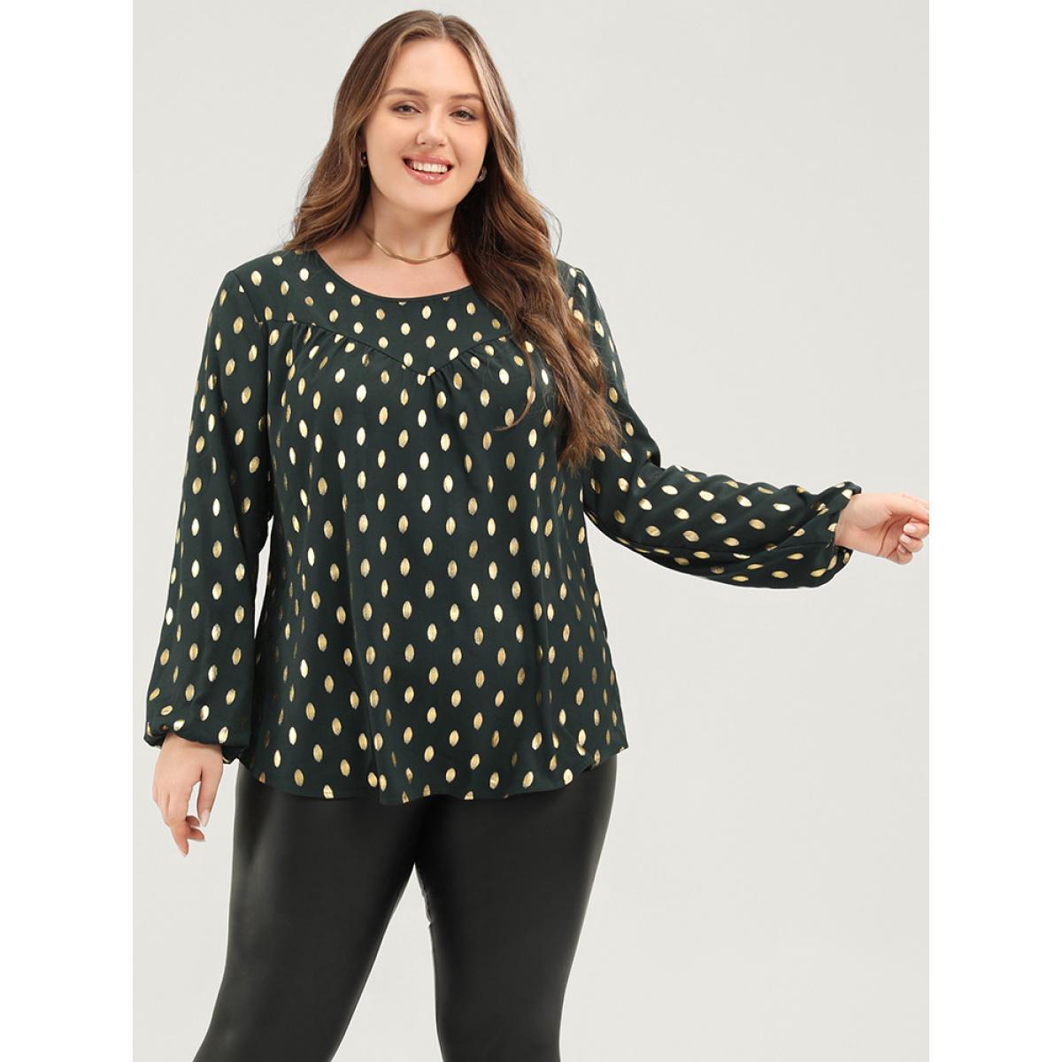 Plus Size DarkGreen Polka Dot Round Neck Lantern Sleeve Blouse Women Party Long Sleeve Round Neck Going out Blouses BloomChic 10/M Product Image