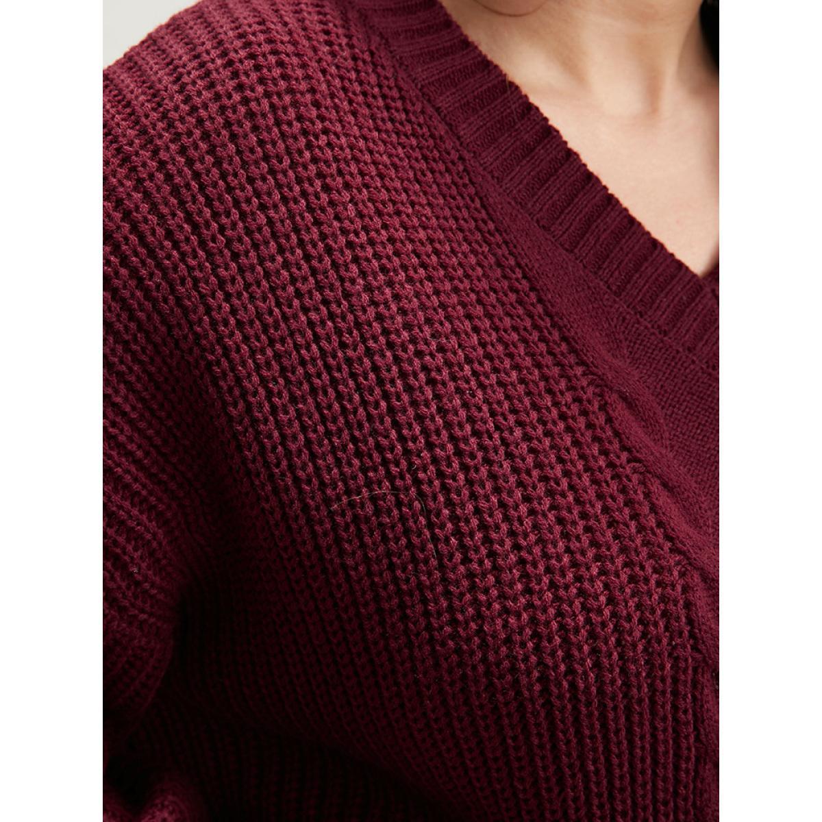 Plus Size Solid Pointelle Knit V Neck Loose Geometric Cable Knit Top Rust Women Elegant Loose Long Sleeve Dailywear Pullovers BloomChic 12/L Product Image