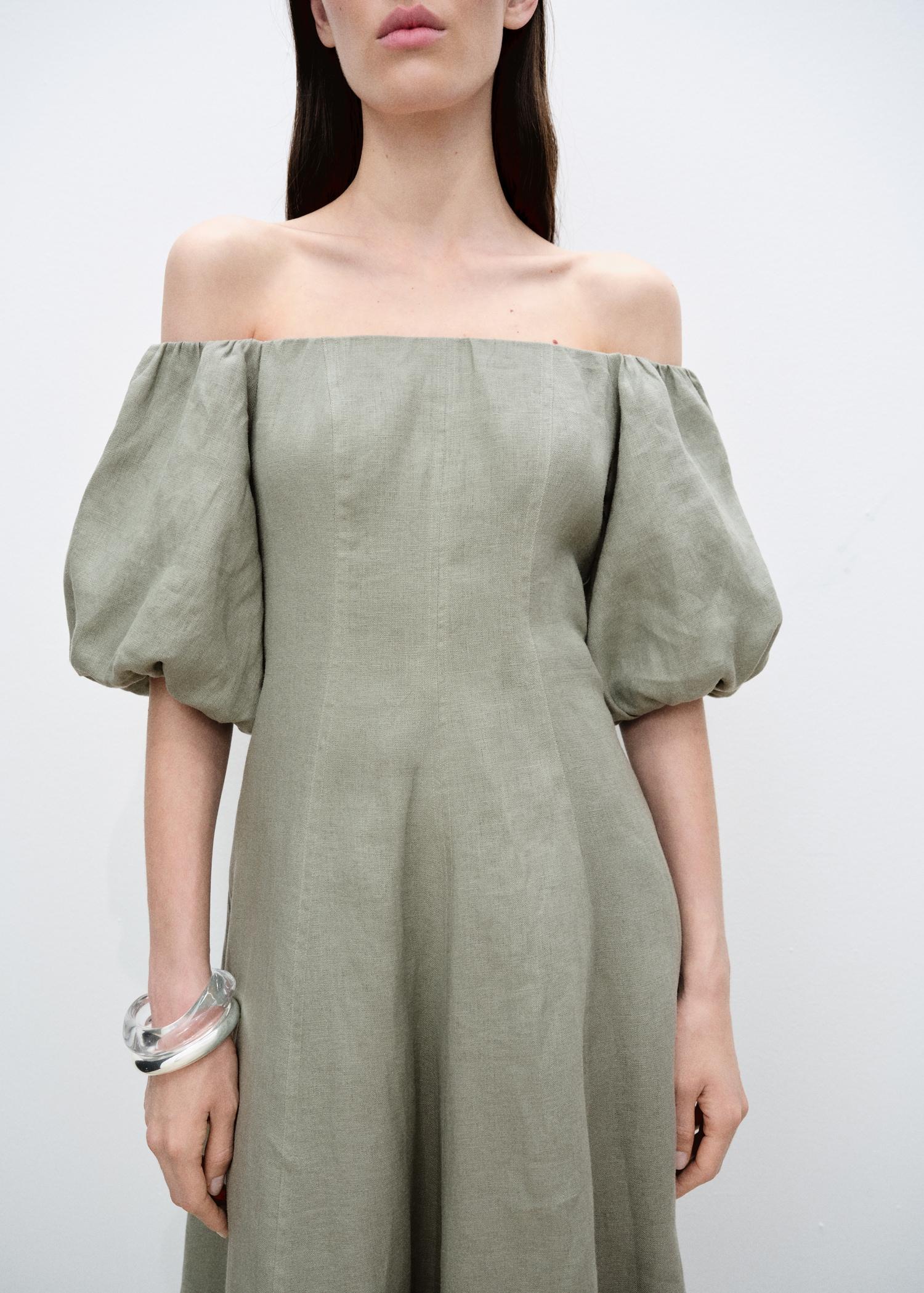 Puffed-sleeve linen dress - Women | MANGO USA Product Image